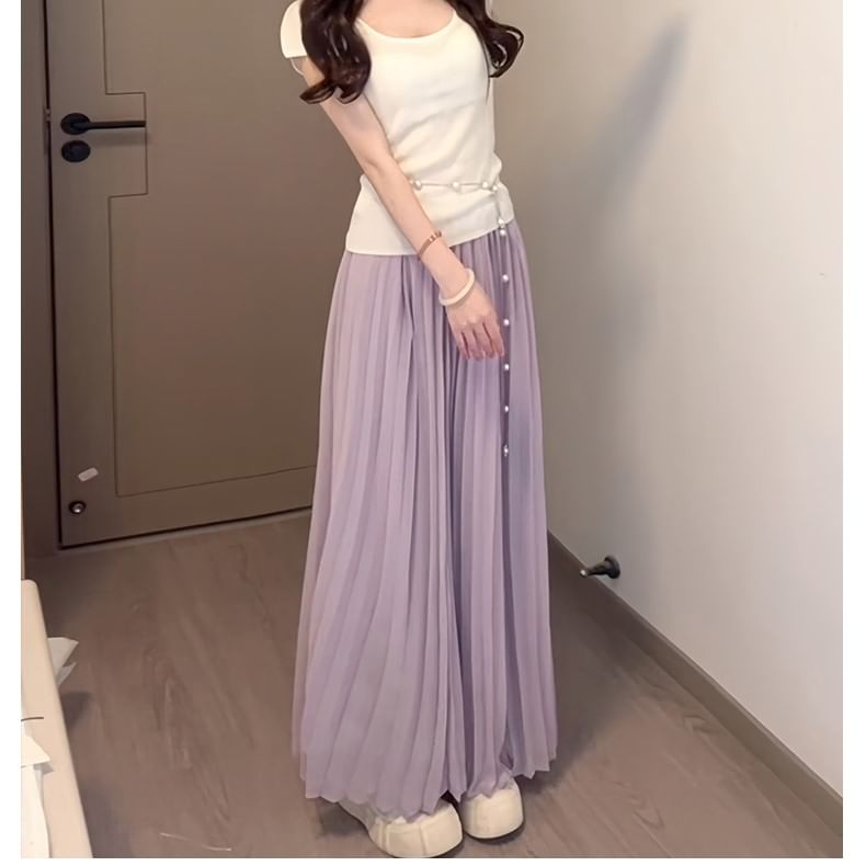Pleated High Waist Maxi A-Line Skirt