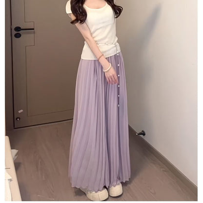 Pleated High Waist Maxi A-Line Skirt
