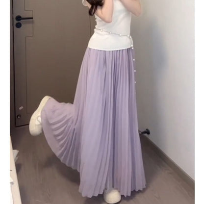 Pleated High Waist Maxi A-Line Skirt