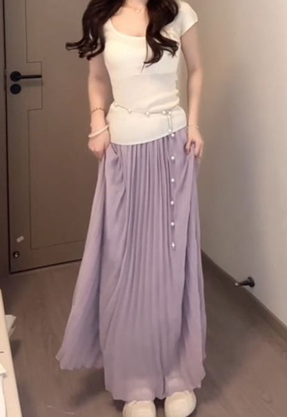 Pleated High Waist Maxi A-Line Skirt