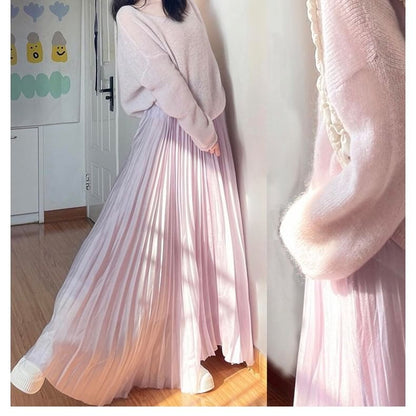 Pleated High Waist Maxi A-Line Skirt