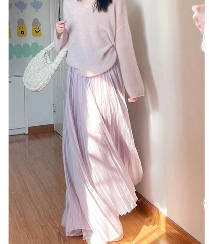 Pleated High Waist Maxi A-Line Skirt