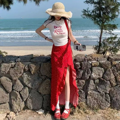 Dotted Asymmetrical High Rise Maxi Skirt