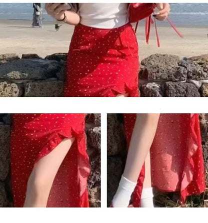Dotted Asymmetrical High Rise Maxi Skirt