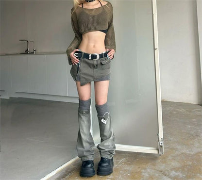 Denim Pencil Mini Skirt with Striped Panel and Leg Warmers
