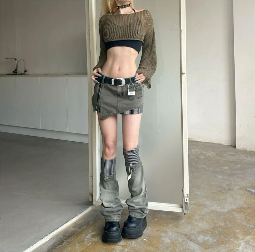 Denim Pencil Mini Skirt with Striped Panel and Leg Warmers