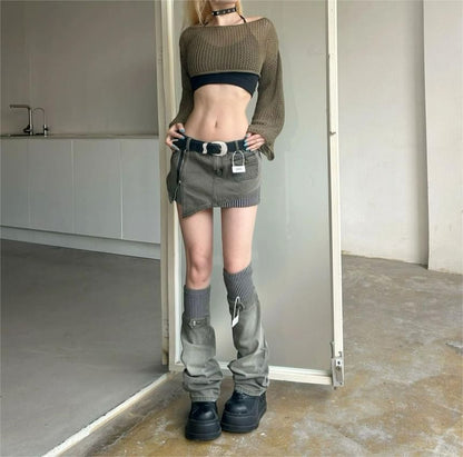 Denim Pencil Mini Skirt with Striped Panel and Leg Warmers