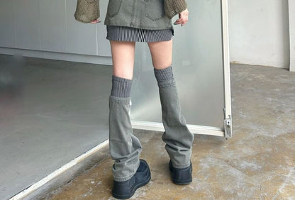 Denim Pencil Mini Skirt with Striped Panel and Leg Warmers