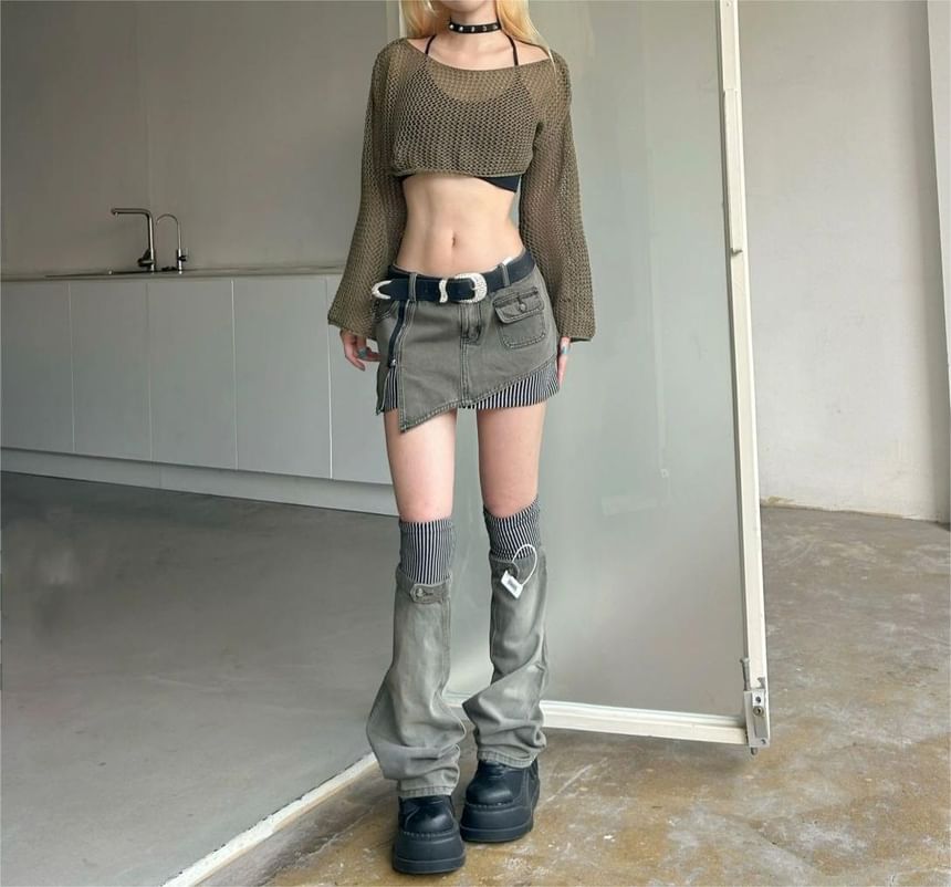 Denim Pencil Mini Skirt with Striped Panel and Leg Warmers