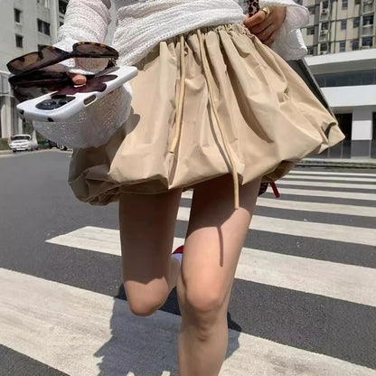 Bubble Hem Mini Skirt with Drawstring Waist in Solid