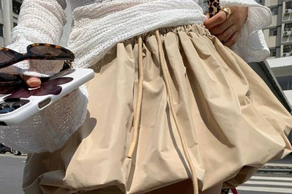 Bubble Hem Mini Skirt with Drawstring Waist in Solid