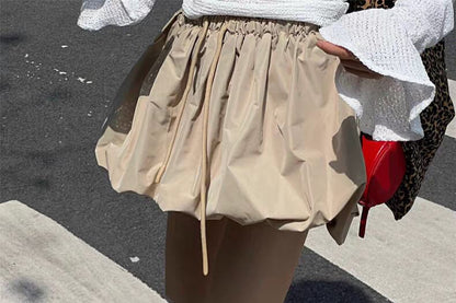 Bubble Hem Mini Skirt with Drawstring Waist in Solid