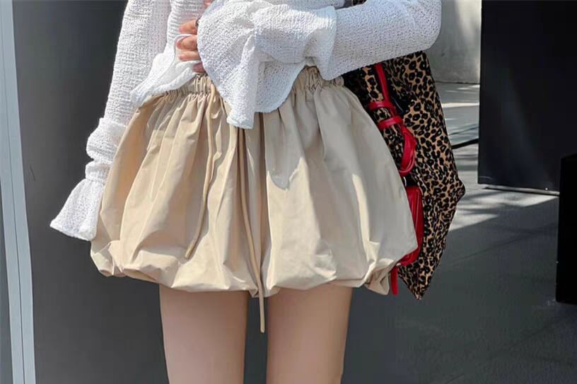 Bubble Hem Mini Skirt with Drawstring Waist in Solid