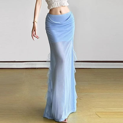 Ruffled Mesh Maxi Pencil Skirt with Mid Waist