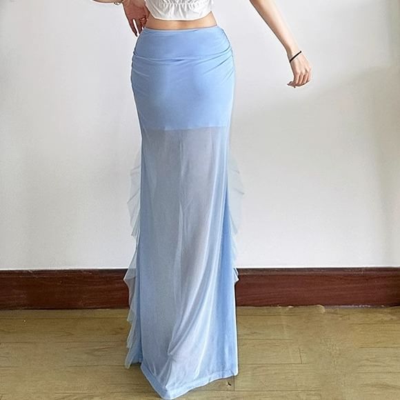 Ruffled Mesh Maxi Pencil Skirt with Mid Waist