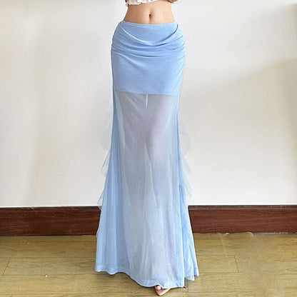 Ruffled Mesh Maxi Pencil Skirt with Mid Waist