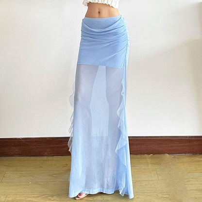 Ruffled Mesh Maxi Pencil Skirt with Mid Waist