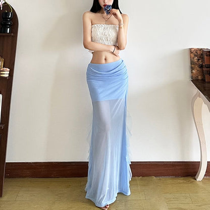 Ruffled Mesh Maxi Pencil Skirt with Mid Waist