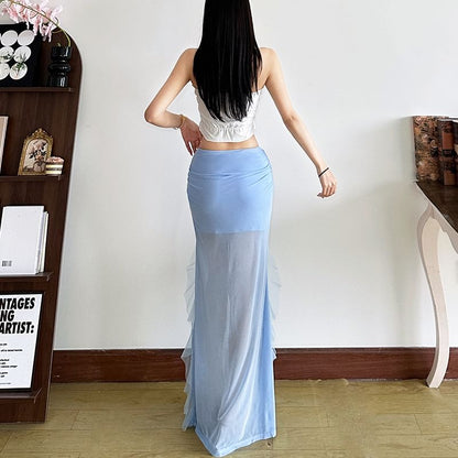 Ruffled Mesh Maxi Pencil Skirt with Mid Waist