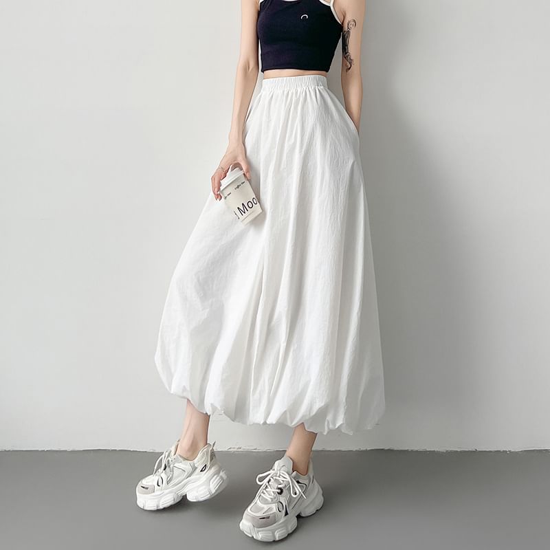 Bubble Hem Midi Skirt with Elastic Waistband in Solid