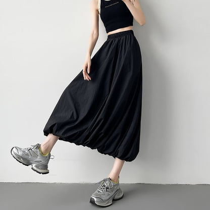 Bubble Hem Midi Skirt with Elastic Waistband in Solid