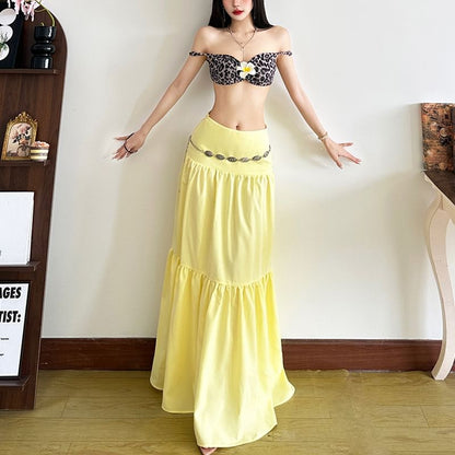 Leopard Print Bra Top and Solid Maxi A-Line Skirt Duo