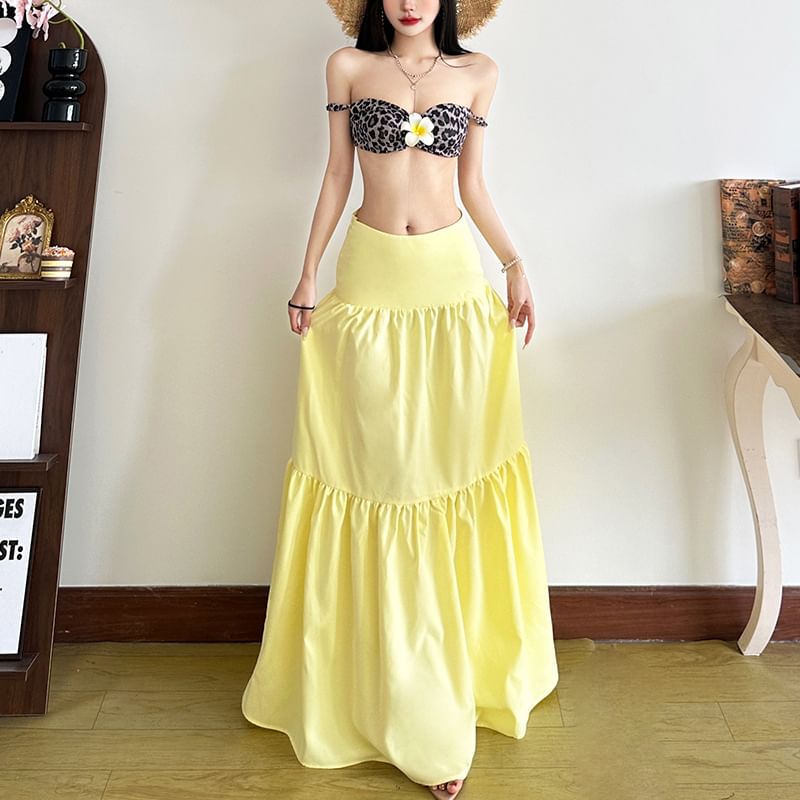 Leopard Print Bra Top and Solid Maxi A-Line Skirt Duo
