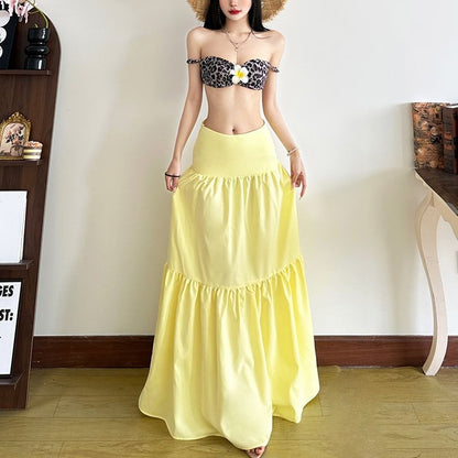 Leopard Print Bra Top and Solid Maxi A-Line Skirt Duo