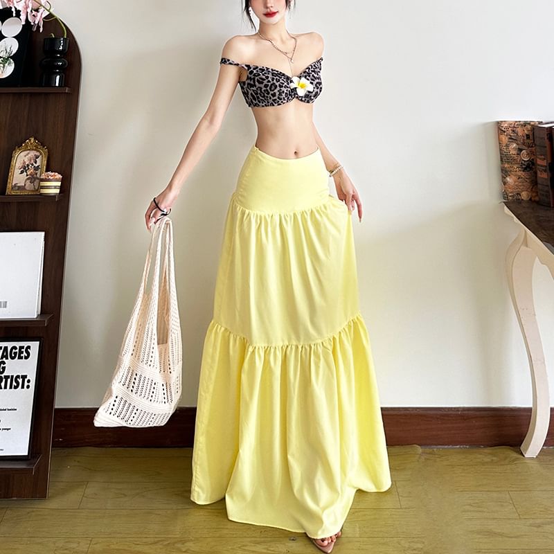 Leopard Print Bra Top and Solid Maxi A-Line Skirt Duo