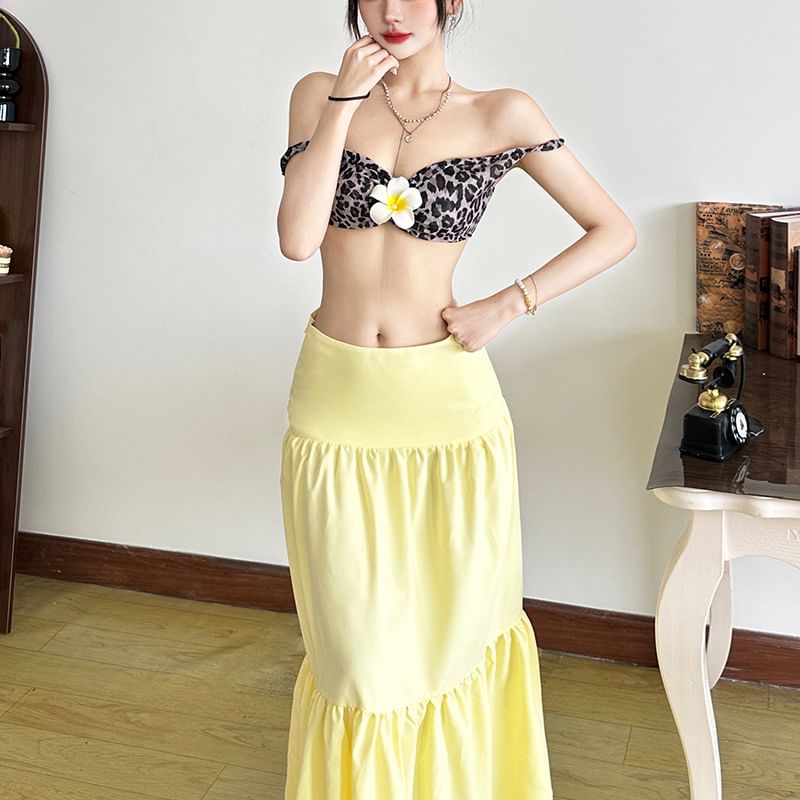 Leopard Print Bra Top and Solid Maxi A-Line Skirt Duo