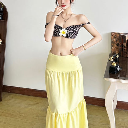 Leopard Print Bra Top and Solid Maxi A-Line Skirt Duo
