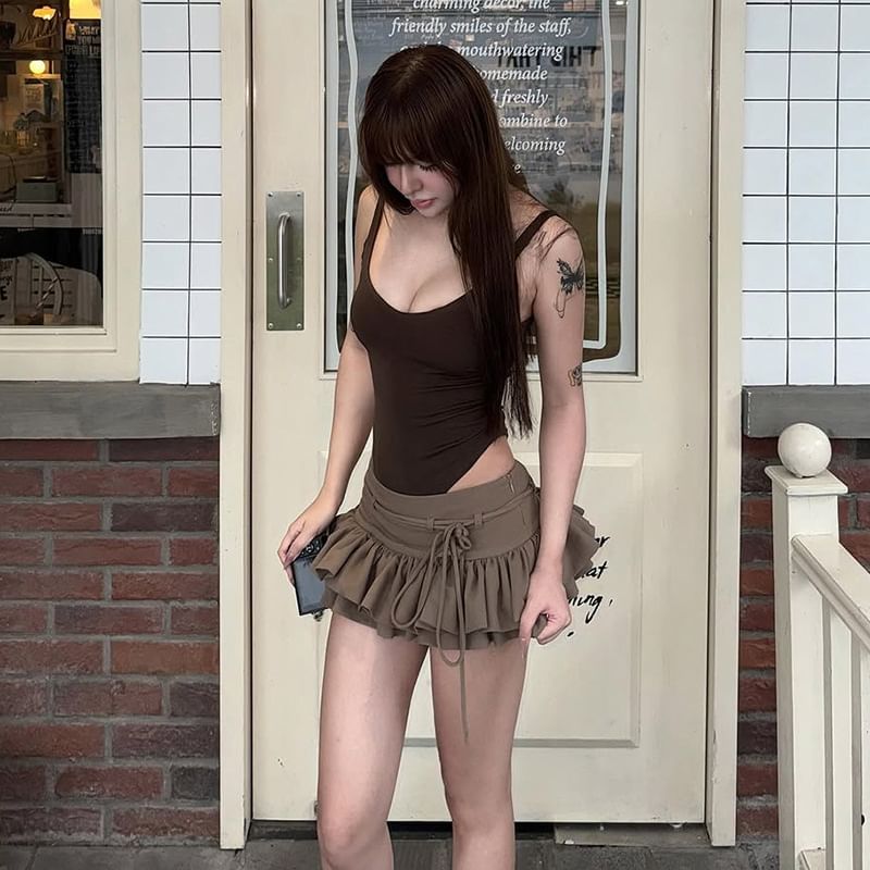 Thin-Strap Bodysuit with Low-Rise Pleated Mini Skirt