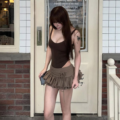 Thin-Strap Bodysuit with Low-Rise Pleated Mini Skirt