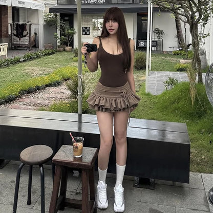 Thin-Strap Bodysuit with Low-Rise Pleated Mini Skirt