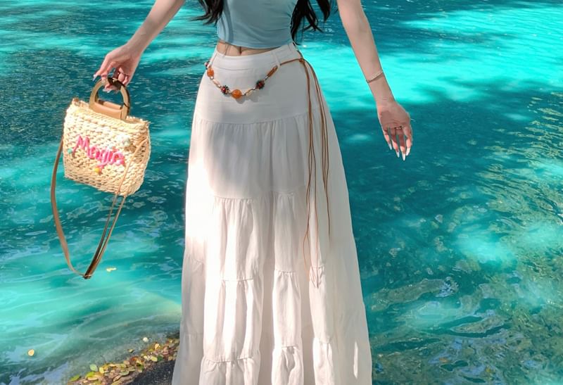 Sheer Crop Camisole with High Waist Maxi A-Line Skirt Set