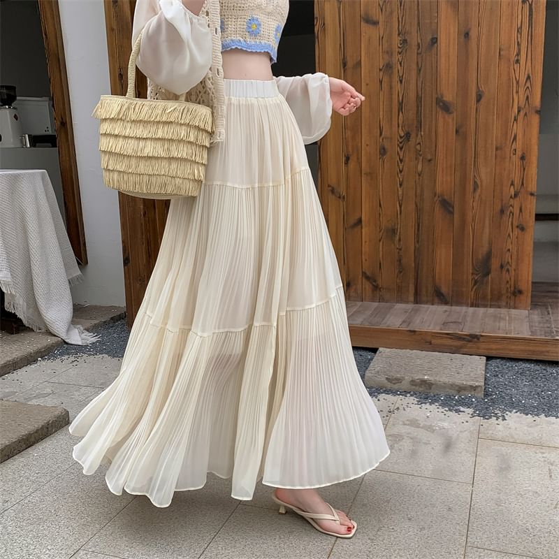 High Rise Pleated Maxi A-Line Skirt in Plain Design