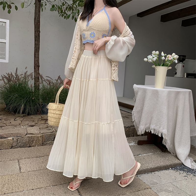 High Rise Pleated Maxi A-Line Skirt in Plain Design