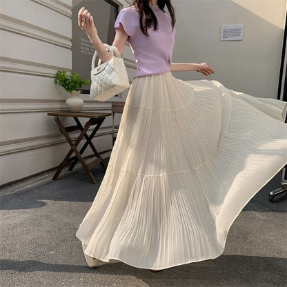 High Rise Pleated Maxi A-Line Skirt in Plain Design