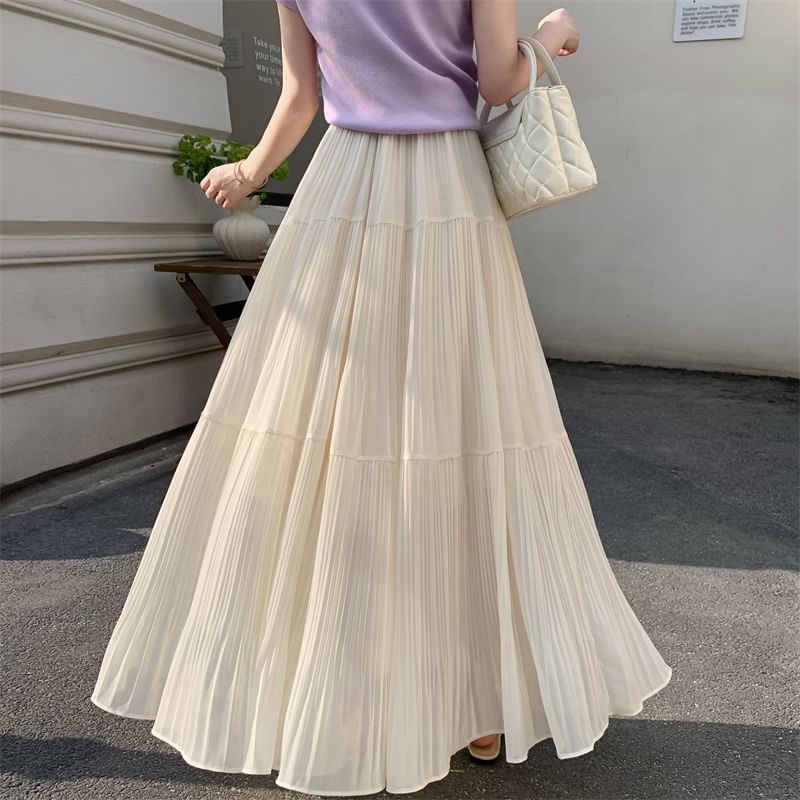 High Rise Pleated Maxi A-Line Skirt in Plain Design