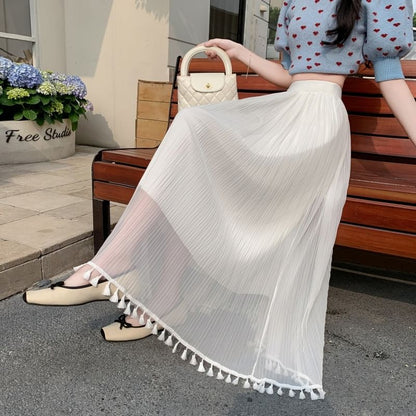 Tasseled High Rise Maxi Fishtail Skirt