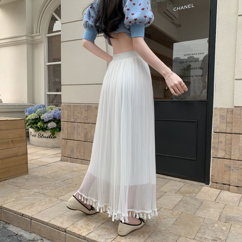 Tasseled High Rise Maxi Fishtail Skirt