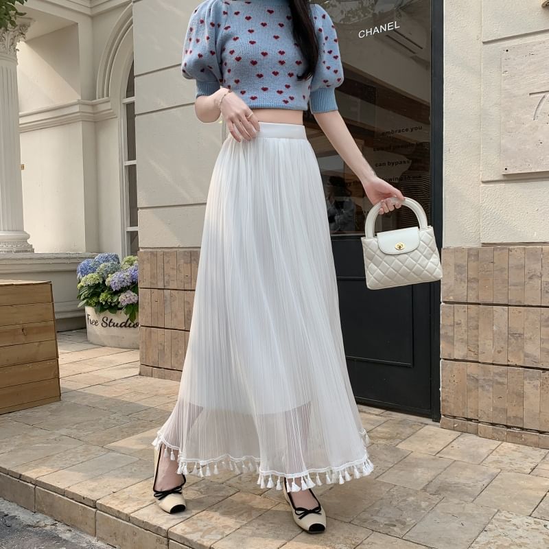 Tasseled High Rise Maxi Fishtail Skirt
