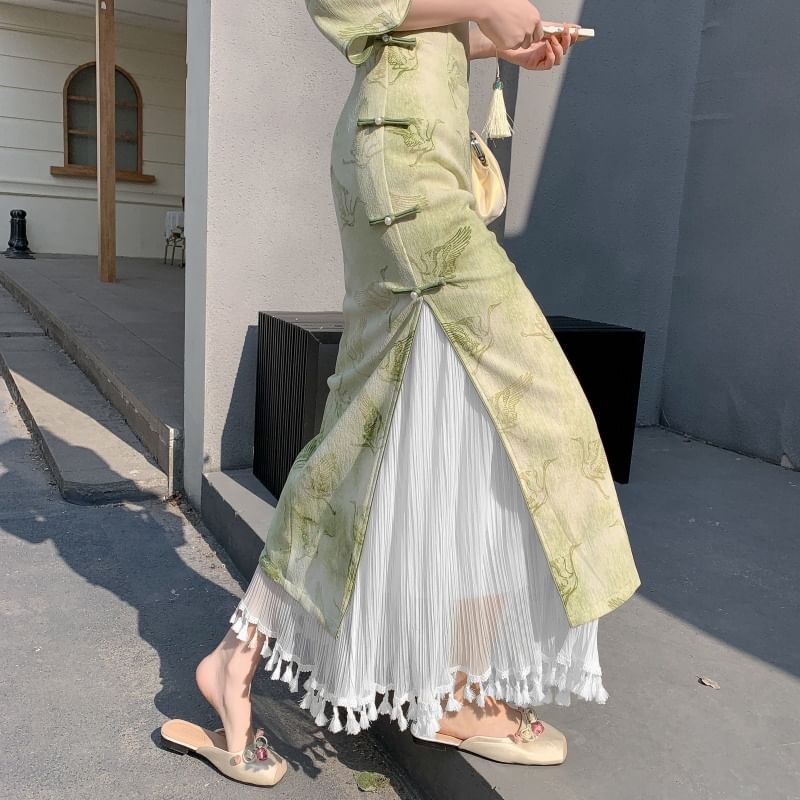 Tasseled High Rise Maxi Fishtail Skirt