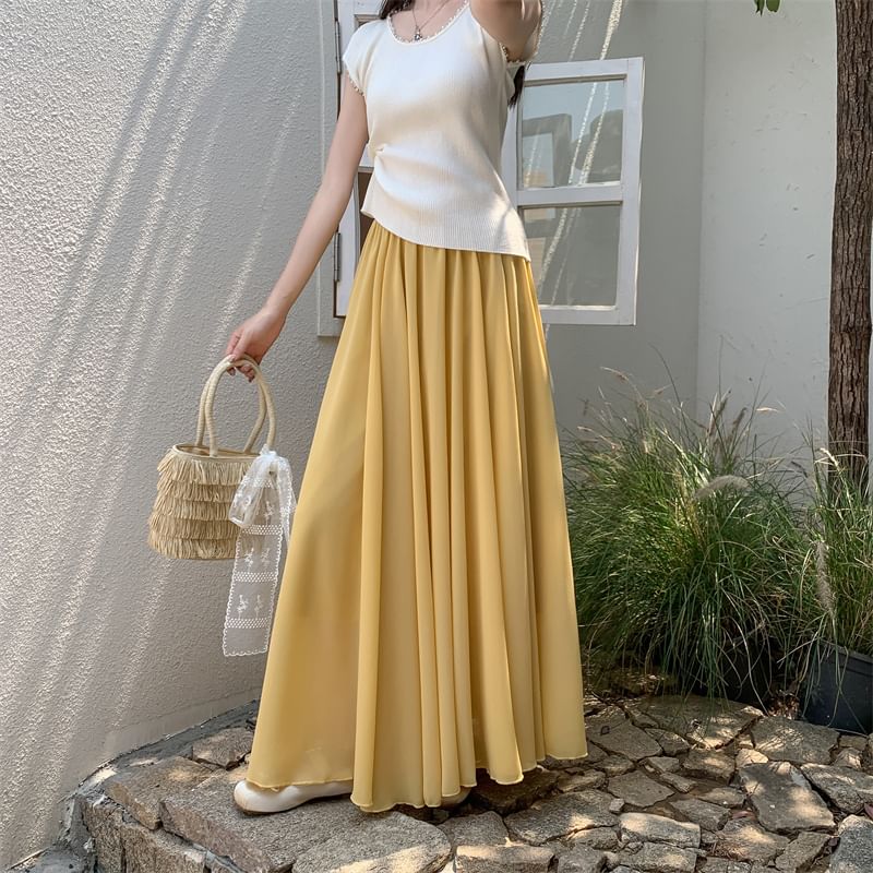 Plain High Waist Maxi A-Line Skirt