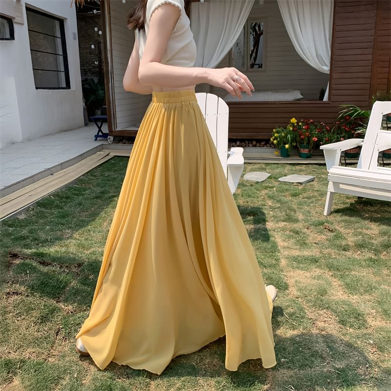 Plain High Waist Maxi A-Line Skirt