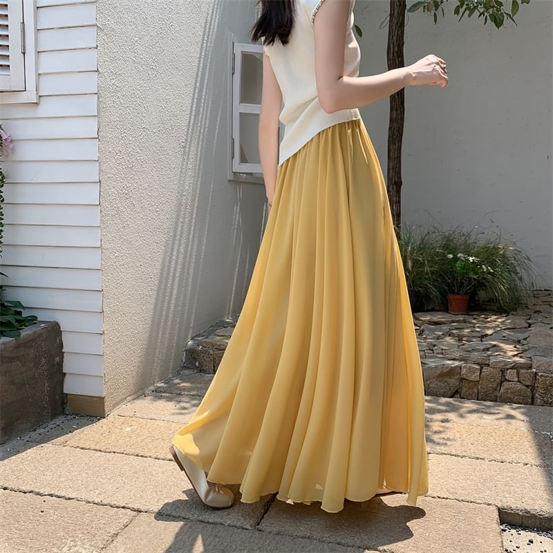 Plain High Waist Maxi A-Line Skirt