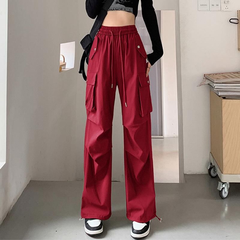 High Rise Plain Drawstring Baggy Cargo Pants