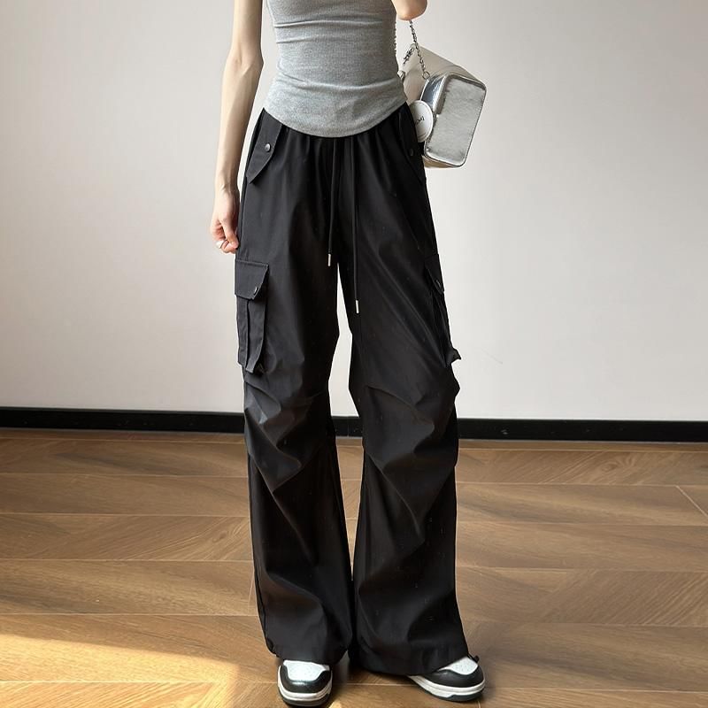 High Rise Plain Drawstring Baggy Cargo Pants