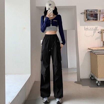 High Rise Plain Drawstring Baggy Cargo Pants