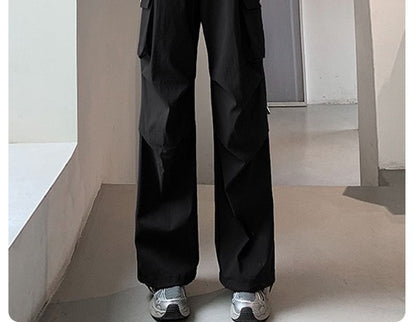 High Rise Plain Drawstring Baggy Cargo Pants